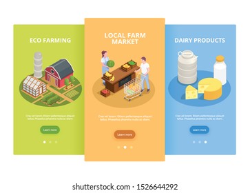 Farmers market 3 isometric vertical background web banners with local eco dairy products and vegetables vector illustration 