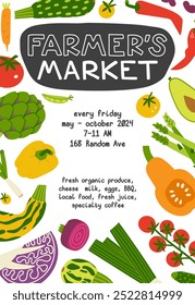 Farmers market advertising flyer with copy space. Cute flat hand drawn vegetables in vertical poster for local food festival promo. Leaflet for urban bazaar with fresh veggie grocery.