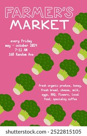 Farmers market advertising flyer with copy space. Cute flat hand drawn broccoli in vertical diagonal poster for local food festival. Pink and green leaflet for urban bazaar with fresh veggie grocery.