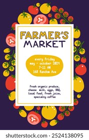 Farmers market advertising flyer with copy space. Cute flat hand drawn tomatoes in vertical poster for local food festival promo. Leaflet for urban bazaar with fresh veggie grocery.