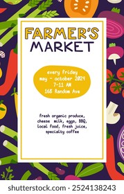 Farmers market advertising flyer with copy space. Cute flat hand drawn vegetables in vertical poster for local food festival promo. Leaflet for urban bazaar with fresh veggie grocery.