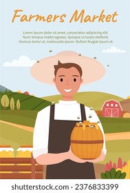 Farmers market advertising poster. Beekeeper holds a barrel of honey on the countryside background. Hiver with bees flying around him. Apiary worker, beekeeping and honey production. Harvest festival