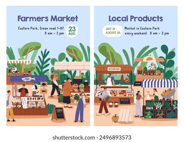 Farmers market, advertising poster design. Local farm vegetables, fruits at outdoor festival, fair. Eco marketplace, domestic produce, promotion flyer cards, templates. Flat vector illustration