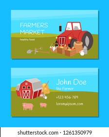 Farmers market and agriculture business card with cartoon farm equipment, food and animals vector illustration. Healthy food. Tractor, sacks with potato, boxes with fruits, jar with milk