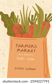 Farmers market artistic promotional vector poster featuring bag of fresh veggies set on beige food-themed background. Features market hours, EVERY SUNDAY text, hand-drawn vegetable produce elements.