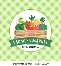 Farmers market background with Wooden box with fruits and vegetables and hand drawn lettering