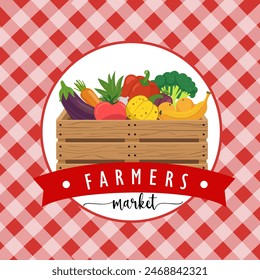 Farmers market background with wooden box with fruits and vegetables and hand drawn lettering. Illustration in the flat style for organic, fresh, farmers market