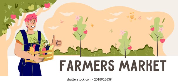 Farmers Market Banner Or Flyer Design With Smiling Farmer Presenting His Harvest, Cartoon Vector Illustration. Banner Or Poster Template For Agricultural Fair And Local Food Market.