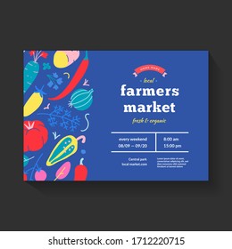 Farmers market banner, graphic template for local farmer organic food festival or fair, hand drawn illustration of pepper and tomato, modern layout, advertising placard for organic food festival.