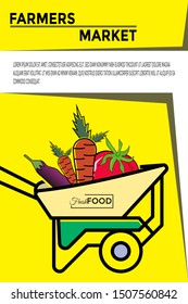 Farmer's market banner. Local farming. Eco, fresh products, certified logo marks for organic farming, food stores, healthy fresh products. Design illustration of agricultural background