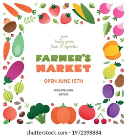 Farmer's market banner template. Colorful frame made of vegetables and fruits drawn in a flat style. Vector 10 EPS.