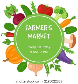 Farmers Market Banner Template With Different Organic Fresh Vegetables And Herbs. Agricultural Fair Or Food Festival Flyer Template. 