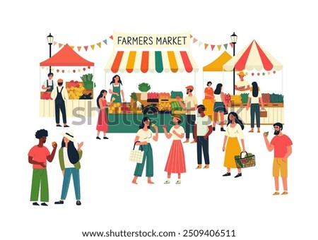 Farmers market, Bazaar, Vendors offer organic farmer production and vegetables, Local farm vegetables, Eco marketplace, Bazaar domestic produce, Flat vector illustration