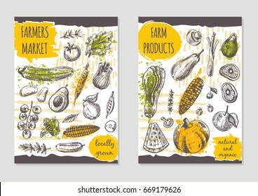 Farmers market brochure flyer design. Farm product. Retro background. Hand drawn vector illustration. Can be used for festival, menu, cafe, restaurant, bar, poster, banner, emblem, sticker, placard.