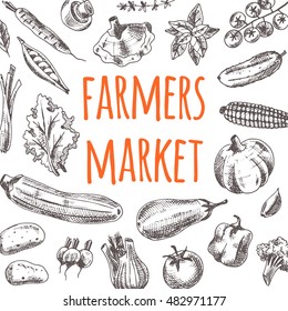 Farmers market card with vegetables. Hand drawn vector illustration. Can be used for poster, banner, sticker, placard and other design.