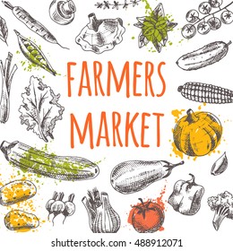 Farmers market card with vegetables  on the watercolor splashes.. Hand drawn vector illustration. Can be used for poster, banner, sticker, placard and other design.