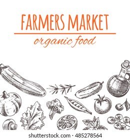 Farmers market card with vegetables. Organic food. Hand drawn vector illustration. Can be used for poster, banner, sticker, placard and other design.