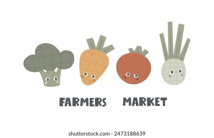 Mercado de granjeros. Vegetales de dibujos animados, letras de dibujos a mano. Ilustración vectorial plana colorida. diseño para estampados, carteles, tarjetas