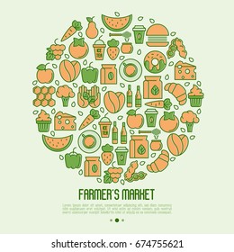 Farmer's market concept in circle with thin line icons: fruits, coffee, tea, honey, food, olive oil and place for text inside. Vector illustration for invitation, banner, announcement.