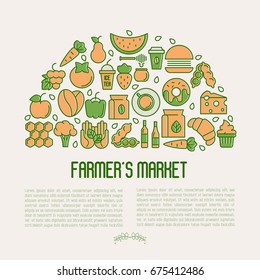Farmer's market concept in circle with thin line icons: fruits, coffee, tea, honey, food, olive oil and place for text inside. Vector illustration for invitation, banner, announcement.