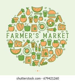 Farmer's market concept in circle with thin line icons: fruits, vegetables, coffee, honey, food. Vector illustration for invitation, banner, announcement.