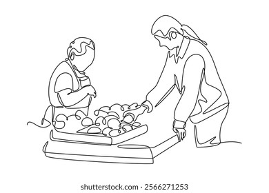 Farmers market concept. Single line draw design vector graphic illustration.