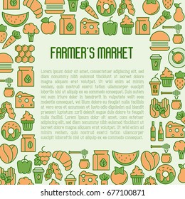 Farmer's market concept with thin line icons: fruits, coffee, tea, honey, food, olive oil. Vector illustration for invitation, banner, announcement.