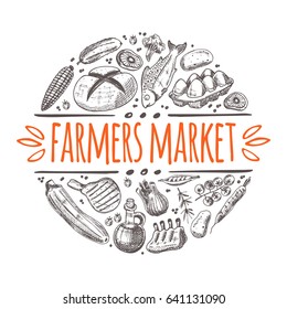 Farmers market concept with vegetables. Locally grown. Round circle composition. Hand drawn vector illustration. Can be used for farmers market, poster, banner, sticker, logo, label and other design.