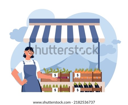 Farmers market concept. Woman sells natural and organic products, harvest trade in countryside. Young girl offers carrots, cabbage and potatoes. Fresh vegetables. Cartoon flat vector illustration