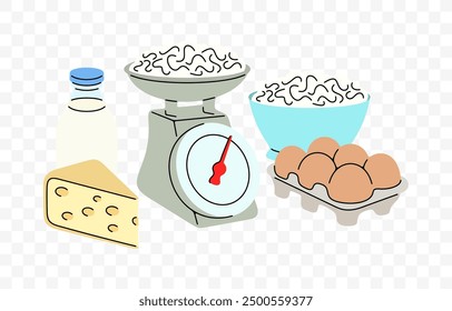 Farmers market, dairy and fermented milk with scales, graphic design. Food, meal, eggs and grocery, vector design and illustration