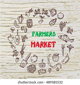 Farmers market design for the card or banner, sketchy style, vector graphic illustration