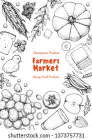 Farmers market design elements.Organic food illustration. Hand drawn sketch. Various food frame. Good food store concept.