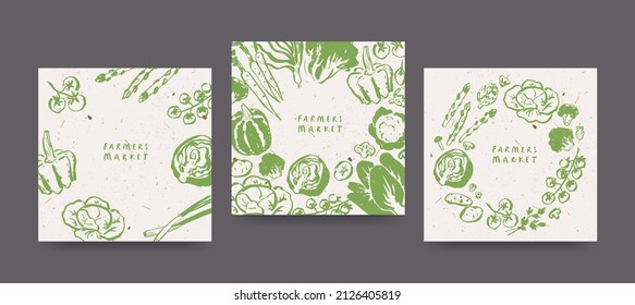 Farmers market design template, drawings of vegetables, agricultural fair invitation, recycled paper effect