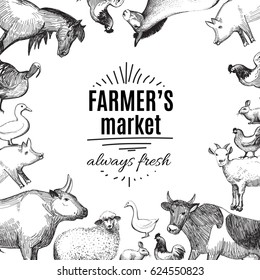 Farmer's market doodle label or badge template for menu design restaurant or cafe. Vector illustration.