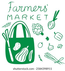 Farmer's Market: Eco Bag, Pepper, Lettuce, Potato, Cucumber, Pumpkin, Onion, Greens. Logo or Print for Farmer's Shop, Market, Farm