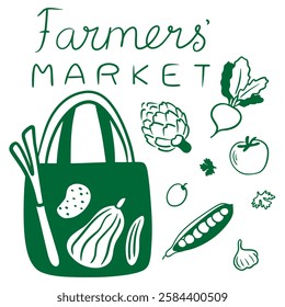 Farmer's Market: Eco Bag, Pepper, Lettuce, Potato, Cucumber, Pumpkin, Artichoke, Carrot, Beetroot, Greens, Peas. Logo or Print for Farmer's Shop, Market, Farm