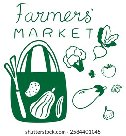 Farmer's Market: Eco Bag, Pepper, Lettuce, Potato, Cucumber, Pumpkin, Broccoli, Eggplant, Greens, Tomato. Logo or Print for Farmer's Shop, Market, Farm