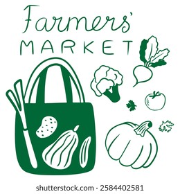 Farmer's Market: Eco Bag, Pepper, Lettuce, Potato, Cucumber, Pumpkin, Broccoli, Greens, Tomato. Logo or Print for Farmer's Shop, Market, Farm