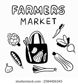 Farmer's Market: Eco Bag, Potato, Lettuce, Pumpkin, Zucchini, Beetroot, Carrot, Artichoke, Greens, Peas. Logo or Print for Farmer's Shop, Market, Farm