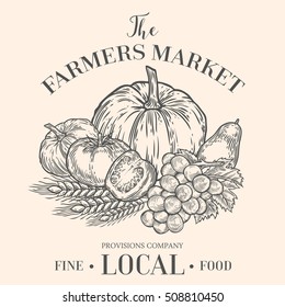 Farmers market emblem with fruits vegetables. Monochrome medieval set vintage engraving sign isolated on white background. Sketch vector hand drawn illustration. Locally grown, fresh food retro style.