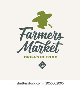 Farmers market emblem label badge. Food shop sign. Farmer head mascot logotype template. Organic food slogan. Vector vintage illustration.