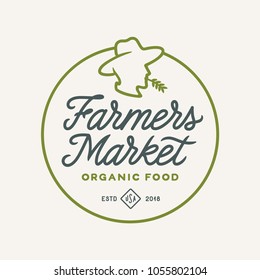 Farmers Market Emblem Label Badge. Food Shop Sign. Farmer Head Mascot Logotype Template. Organic Food Slogan. Vector Vintage Illustration.