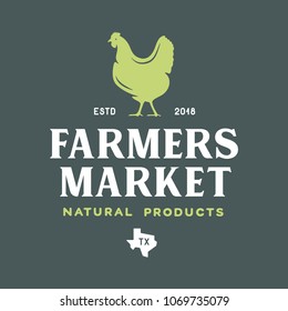 Farmers market emblem label badge. Food shop sign. Hen mascot logotype template. Natural products slogan. Vector vintage illustration.