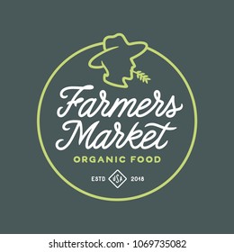 Farmers market emblem label badge. Food shop sign. Farmer head mascot logotype template. Organic food slogan. Vector vintage illustration.