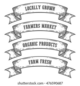 Farmers market emblem ribbon. Monochrome medieval set vintage engraving sign isolated on white background. Sketch vector hand drawn illustration. Locally grown, fresh food retro style.