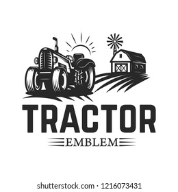 Farmers market. Emblem template with tractor. Design element for logo, label, emblem, sign. Vector illustration