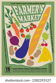 Farmers market or fair flyer or poster design template with hand drawn styled bag filled with farm eco products and vegetables on green background. Vector illustration