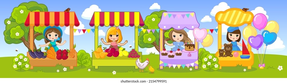 Farmer's market, fair, vector drawn illustration. A cute girl sells fruits, vegetables, sweets and toys at the market. Illustration for children in a flat cartoon style.