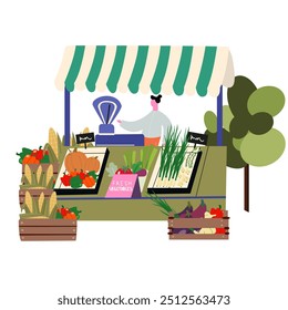 Farmers market. Fall harvest vector illustrations. Flat cartoon characters and wooden colorful marketplace tents with natural farm produce. Food market stalls with fruits, vegetables, fish and meat