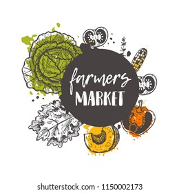 Farmers market. Farm product concept design. Hand drawn vector illustration with vegetables. Can be used for organic shop, food festival, poster, banner, sticker, logo, label, emblem.